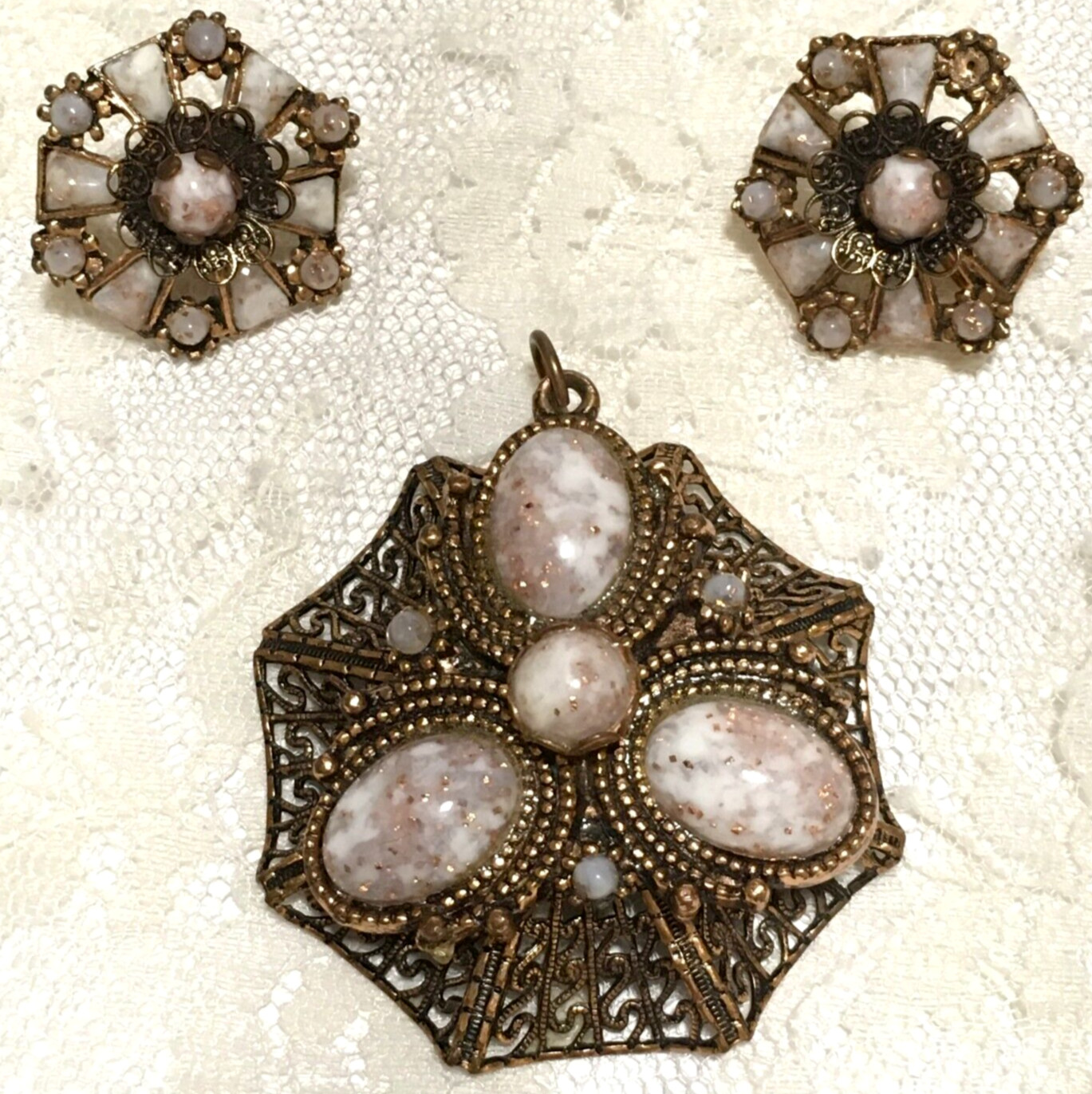 Vintage Clip On Earrings and Pendant Copper Tone Glitter Resin Stones *Missing 1
