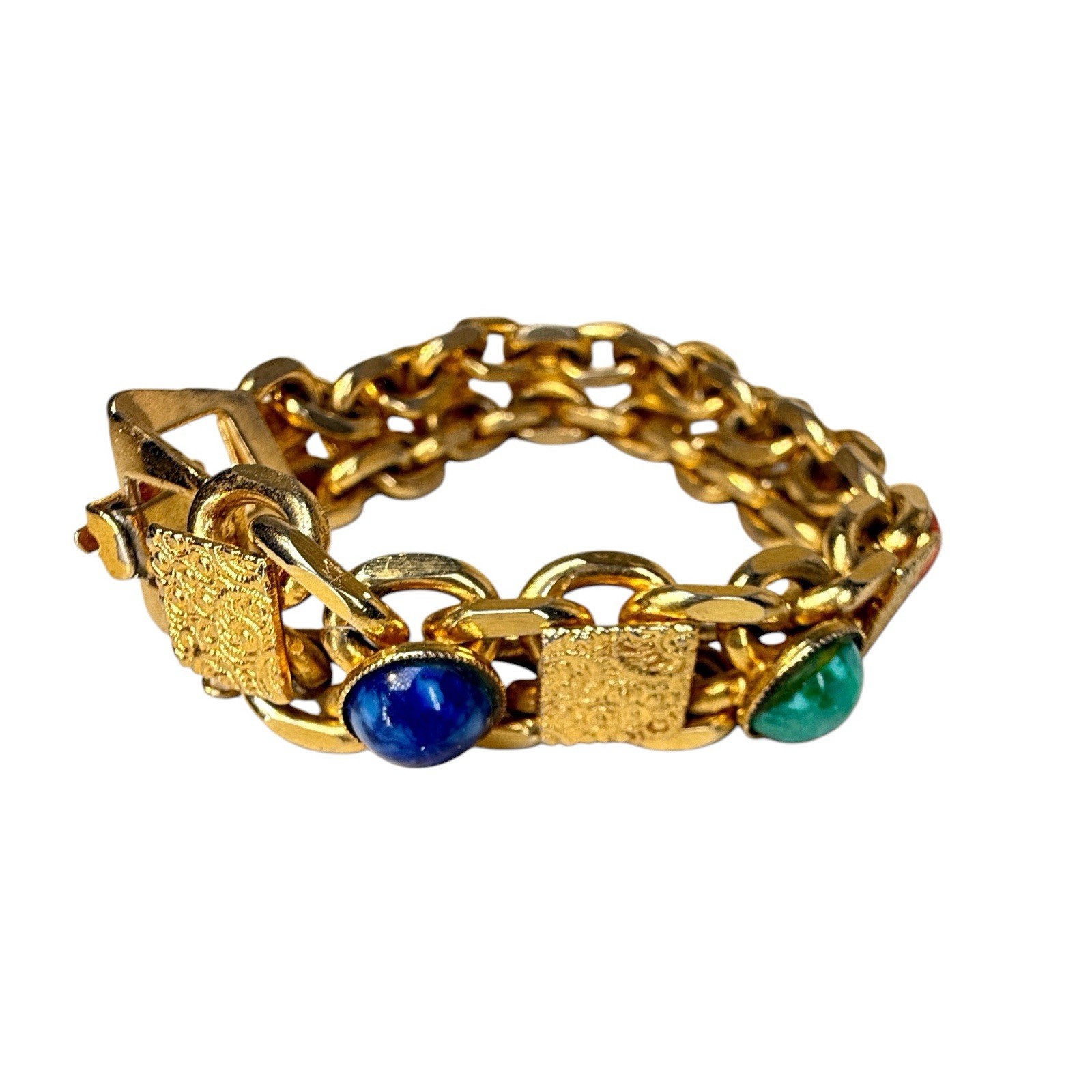Vintage MCM Etruscan Revival Multi Color Cabochon Book Chain Bracelet 6.25″