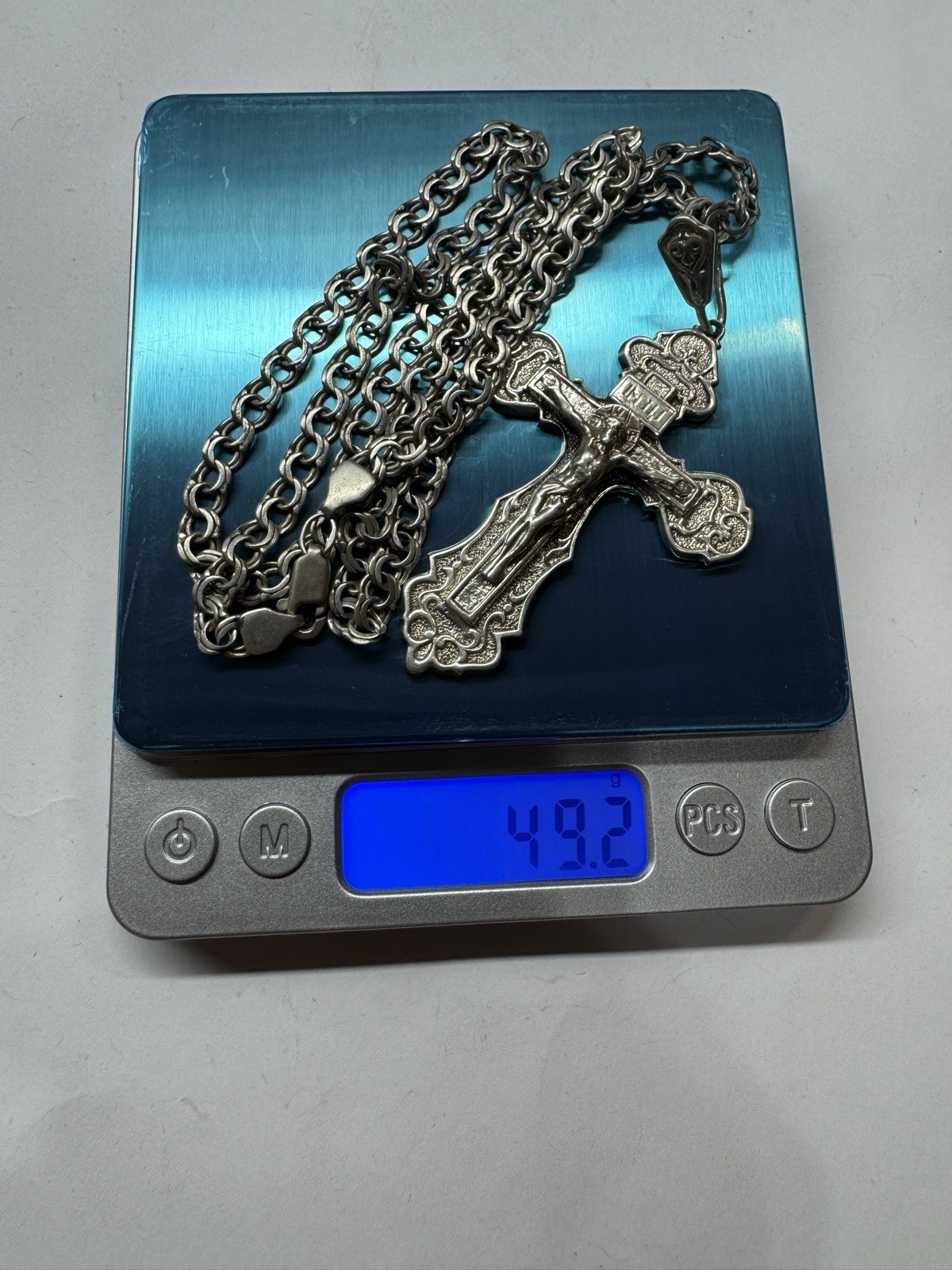 Huge 925 Sterling Silver Orthodox Cross & 25″ Bismarck Chain Set 49g Russia