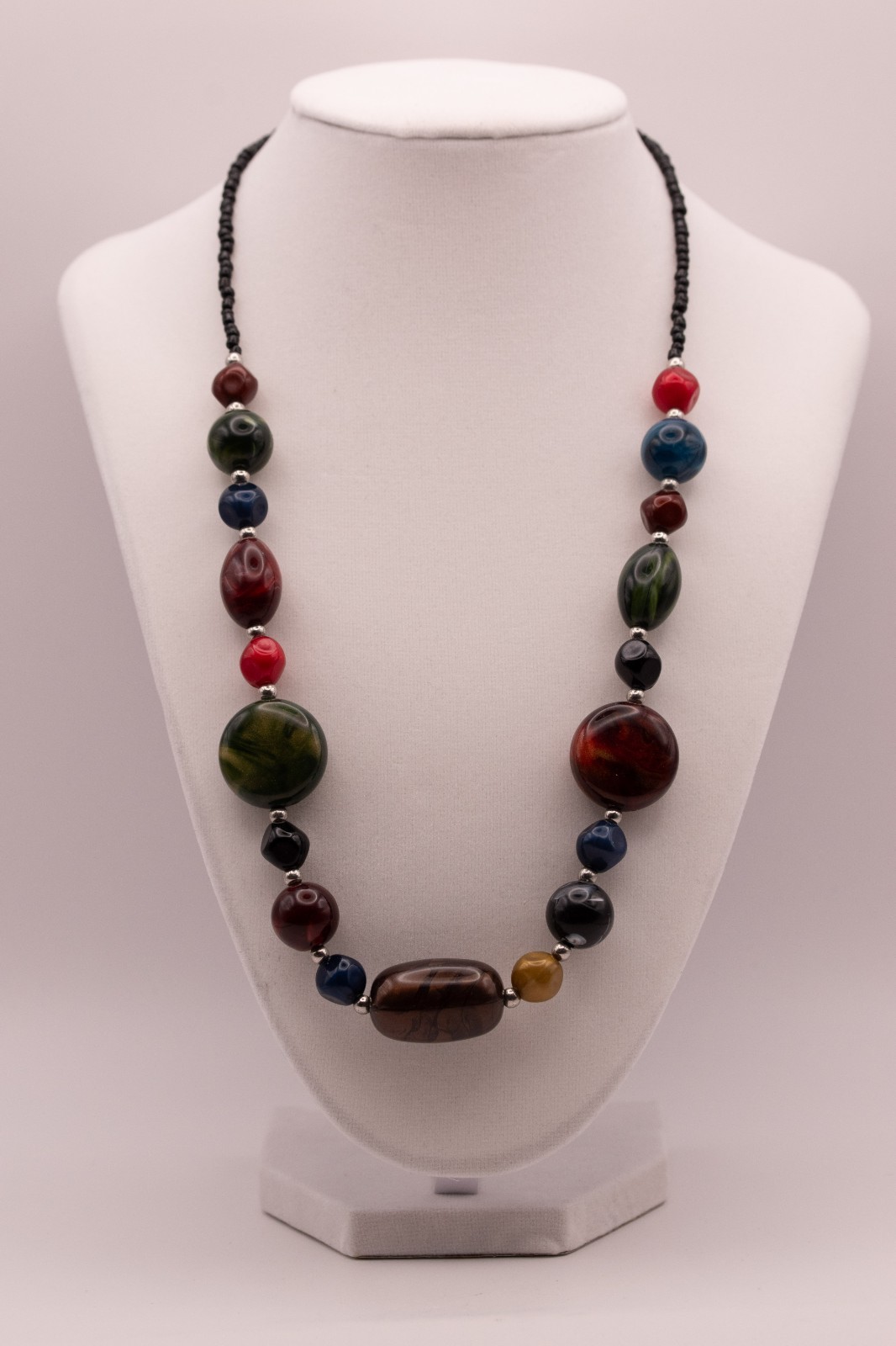 Vintage Boho Multicolor Chunky Beaded Statement Necklace Acrylic Resin Swirl