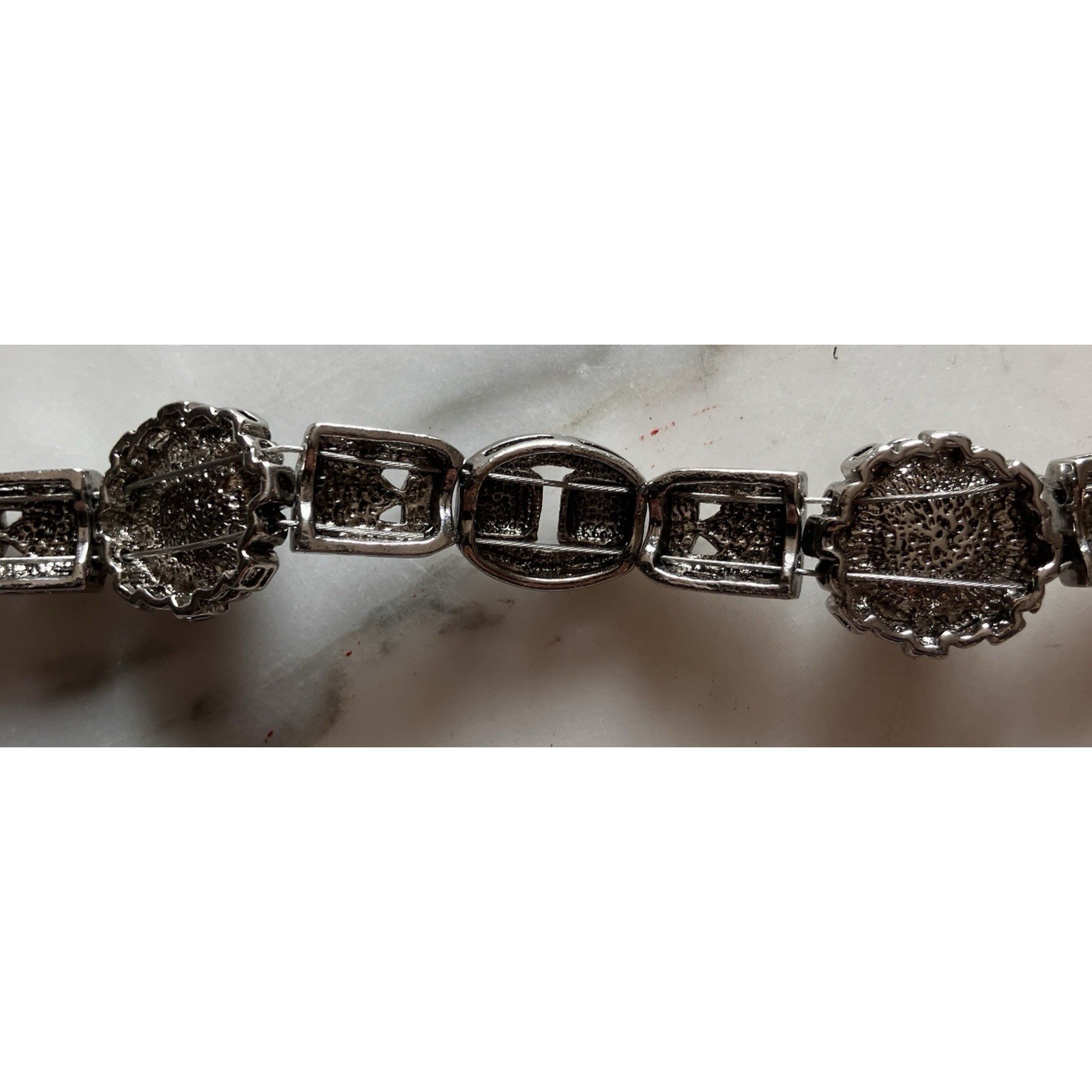 Vintage Silvertone Marcasite Black Stone 7.5″ Bracelet Sparkle EUC
