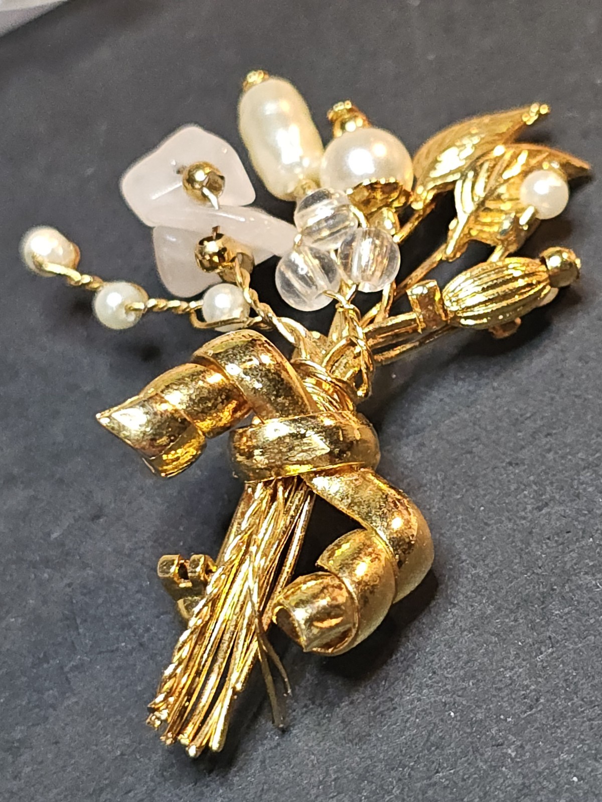Vintage Floral Spray Brooch Gold tone Faux Pearls Pink Stone Chips Delicate Pin