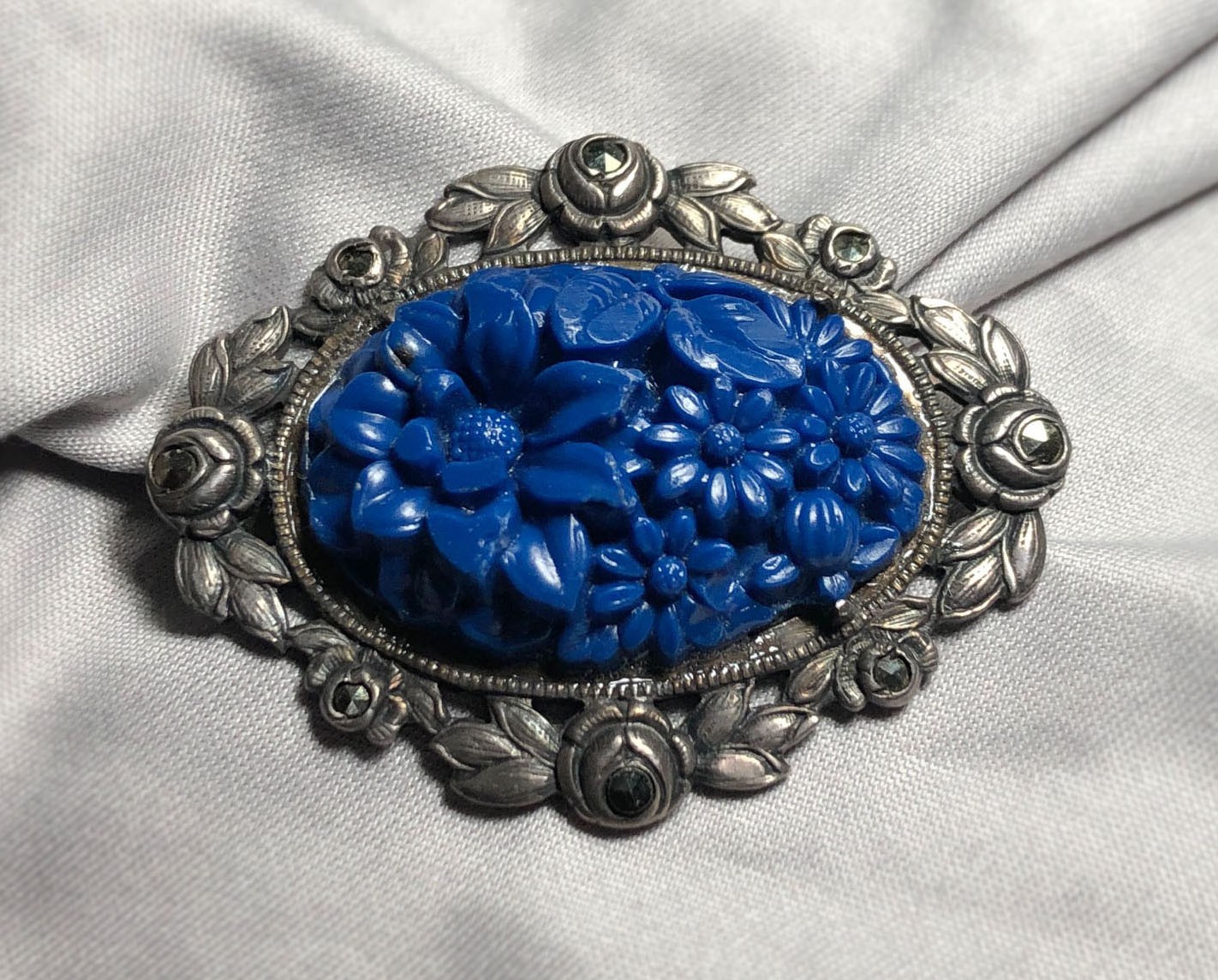 ANTIQUE Art Nouveau Floral Lapis Lazuli Opaline Glass Sterling Silver Pin Brooch