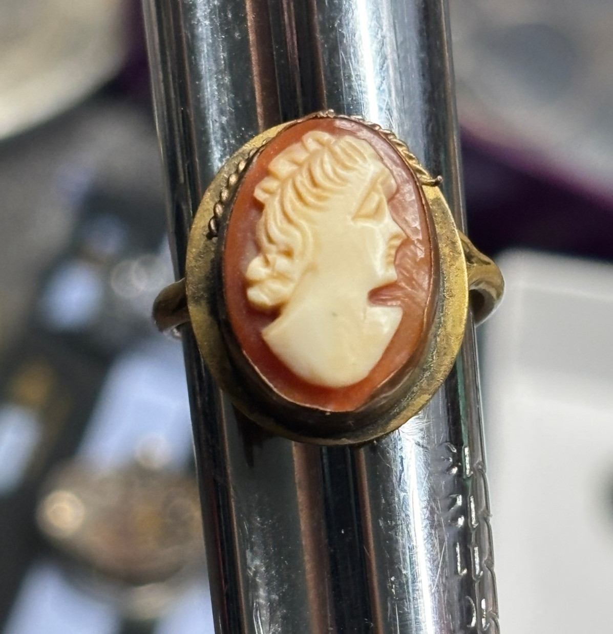 Antique GRAND TOUR 1920s-30s SHELL CAMEO hand carved VICTORIAN brass copper 5.25