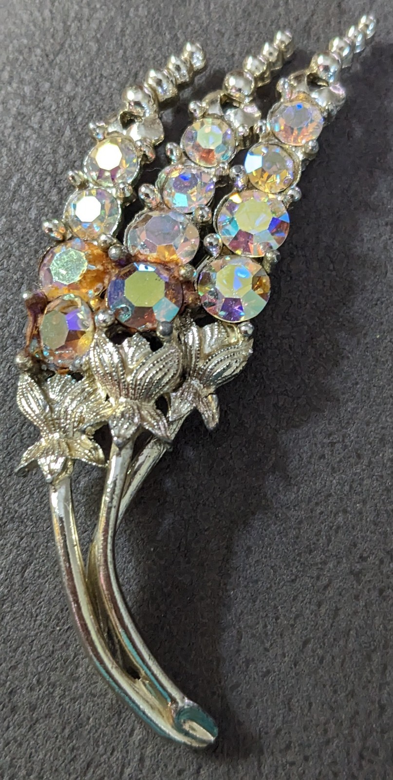 Vtg AB Rhinestone Pin Flower Brooch Silver Tone Sparkle Wisteria 3.5″ 1U