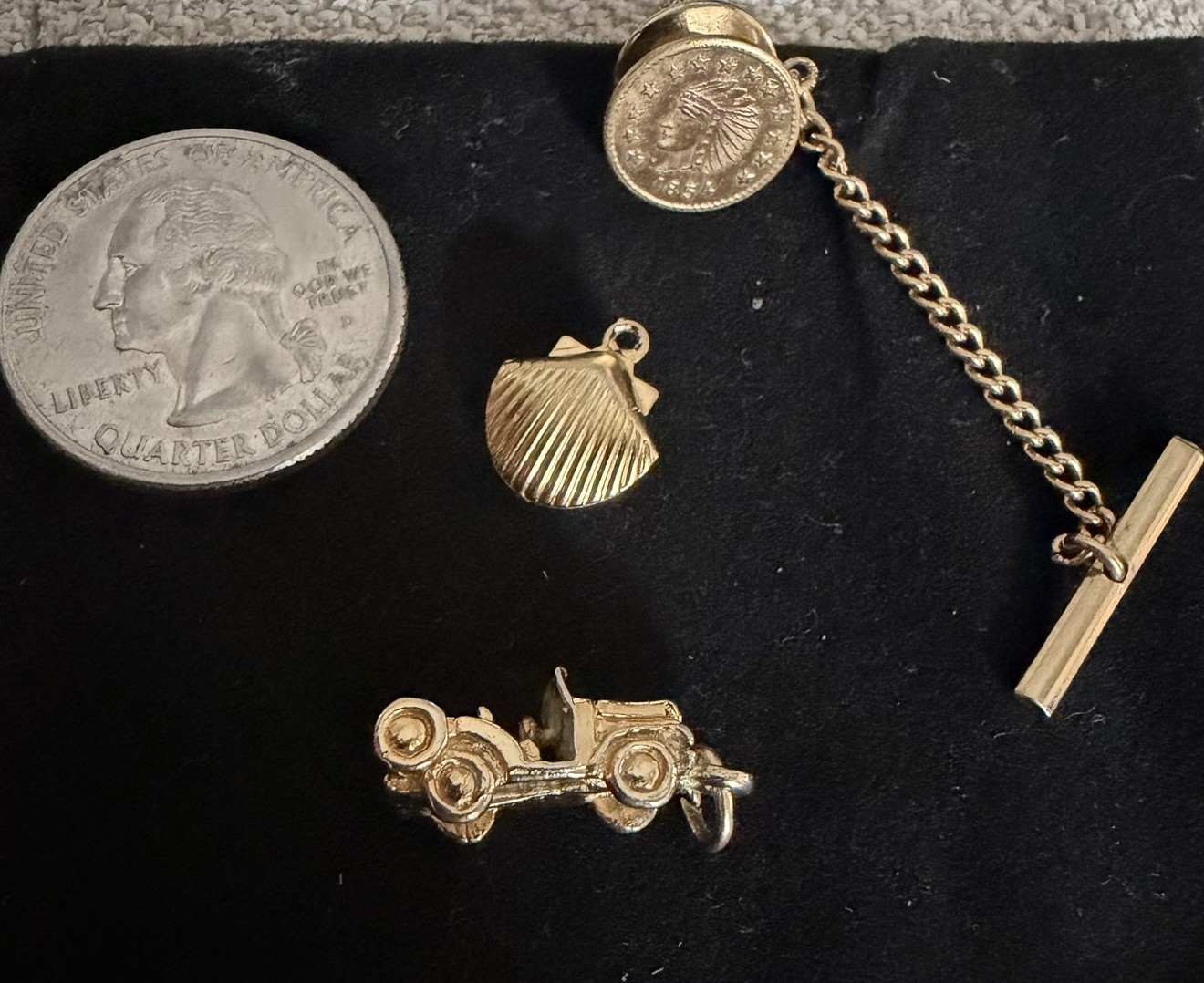 Vintage Mens Tie Tack T-Bar Indian Head Coin & 2 Charms 3D Antique Car Lot