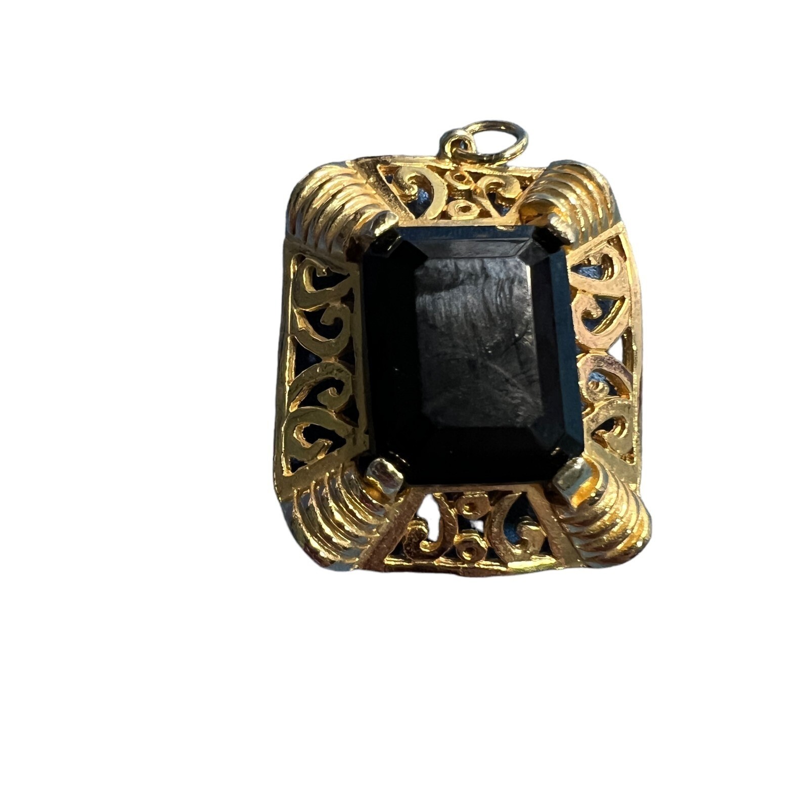 Vintage Edlee Pendant Dark Red Glass Ornate Open Scroll Gold Tone Rectangle
