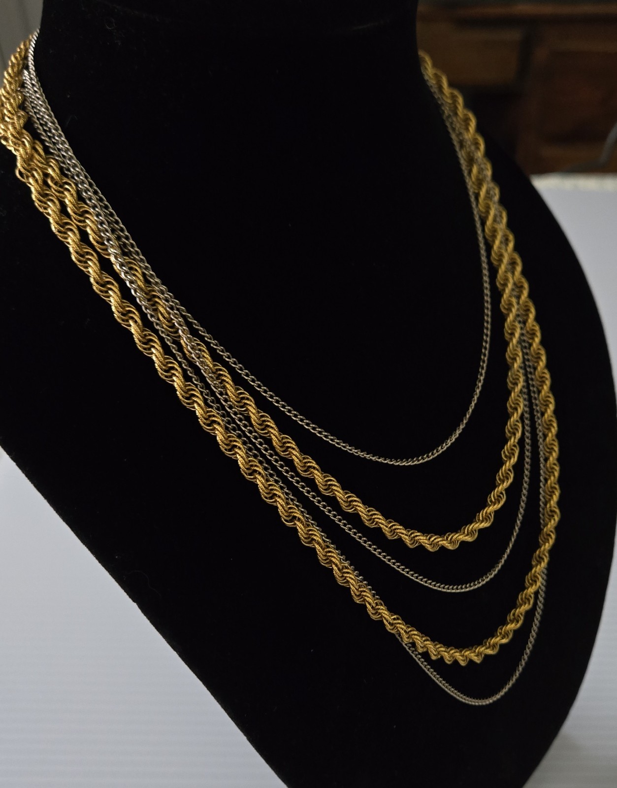 Vintage Gold Silver Tone Multi Strand Rope Chain Statement Necklace 1980s