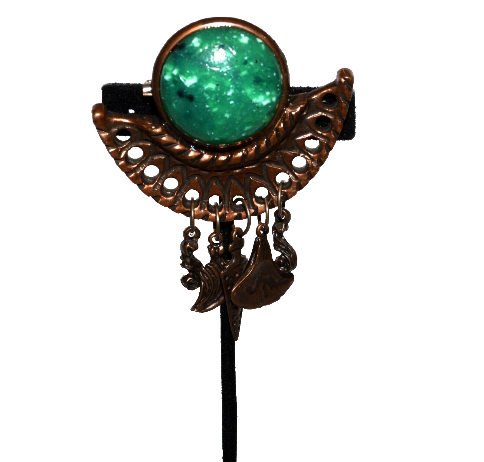 Vintage Signed Southwestern Charms Hanging Off Green Marbled Lucite Copper Pin
