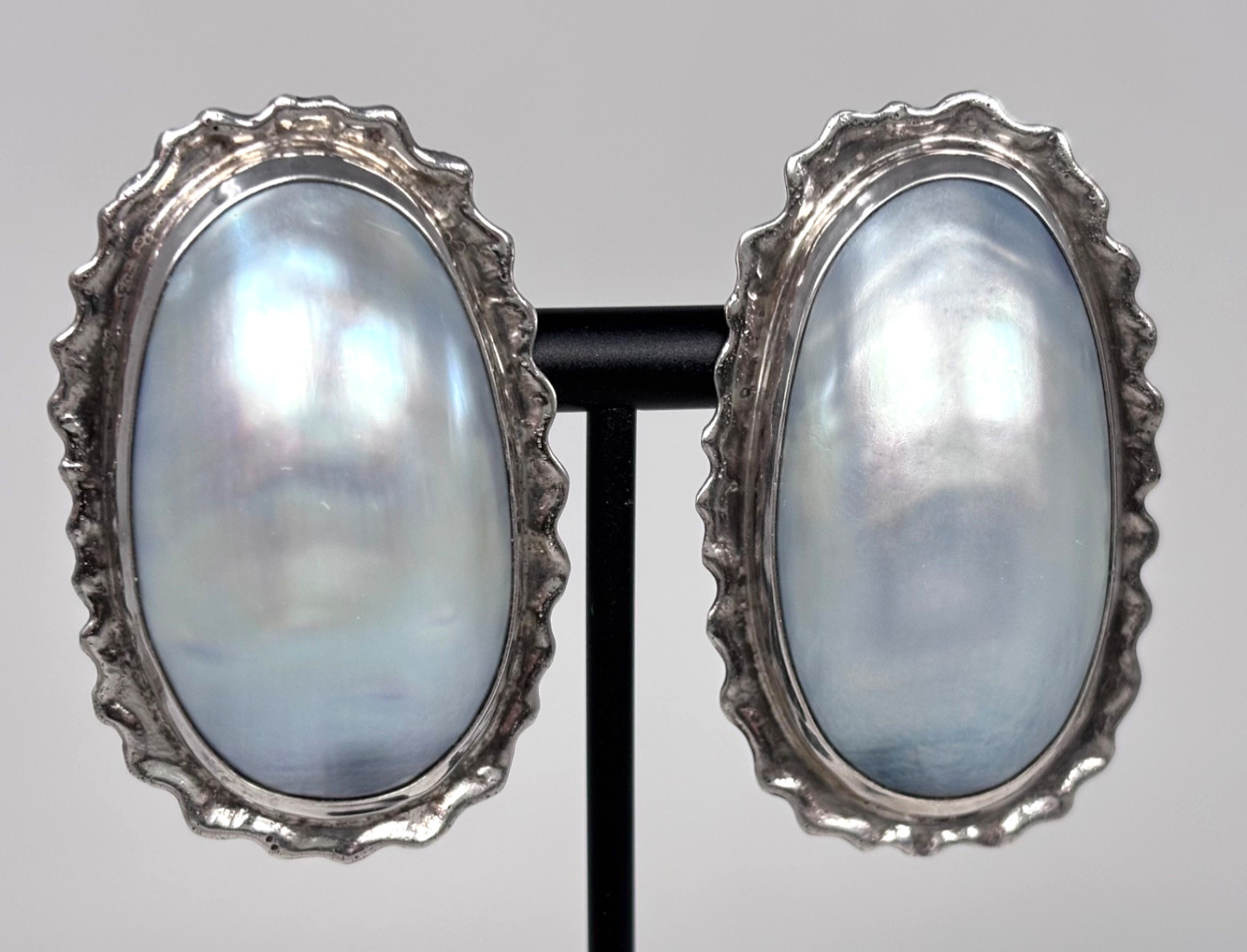 VTG Earrings 925 Silver Osmeña Nautilus Shell Pearl Cabochons Post TLK Mine