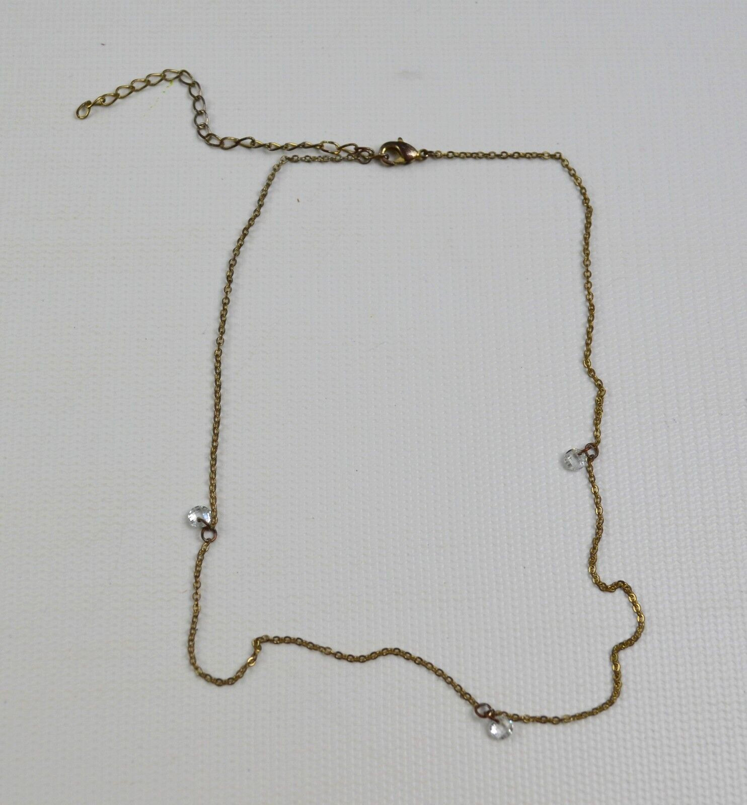Gold Tone Necklace w/ Small Widely Spaced Clear Glass Faceted Beads 17.5″