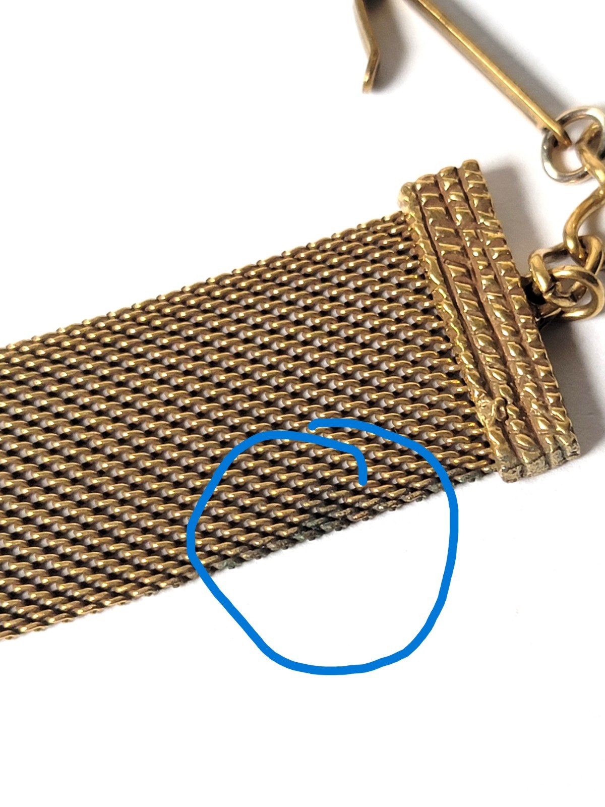Vintage Mesh Necklace Gold Brass S-Hook Closure Red Stone Center