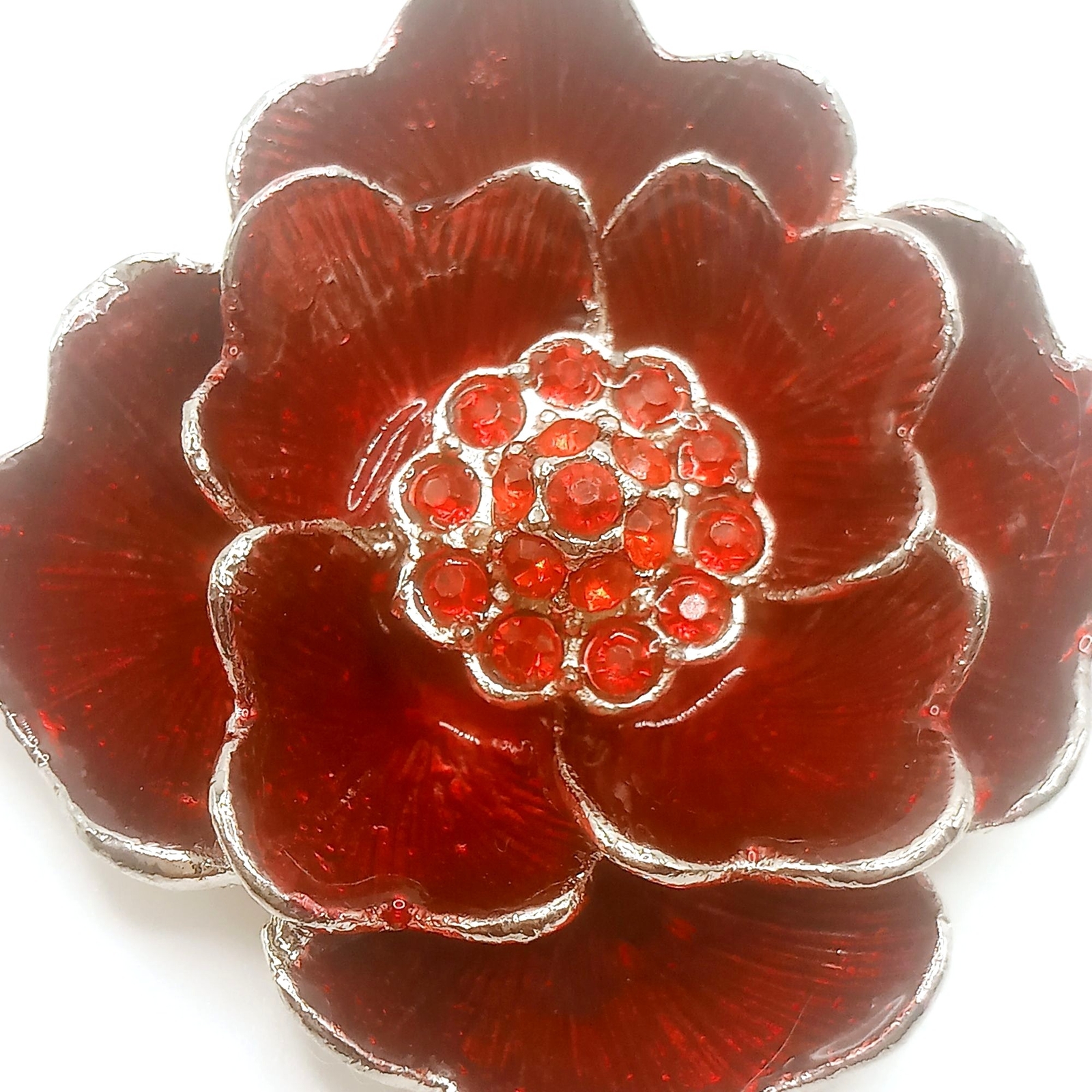 Vintage Brooch Floral Silver-tone Metal Alloy Red Enamel Rhinestone 2″ Diameter