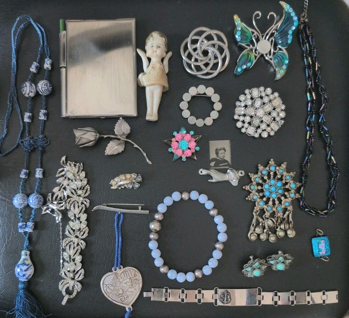 Vintage Mid Century Mod Estate Jewelry Lot Brooch Earrings Larimar Bracelet Doll