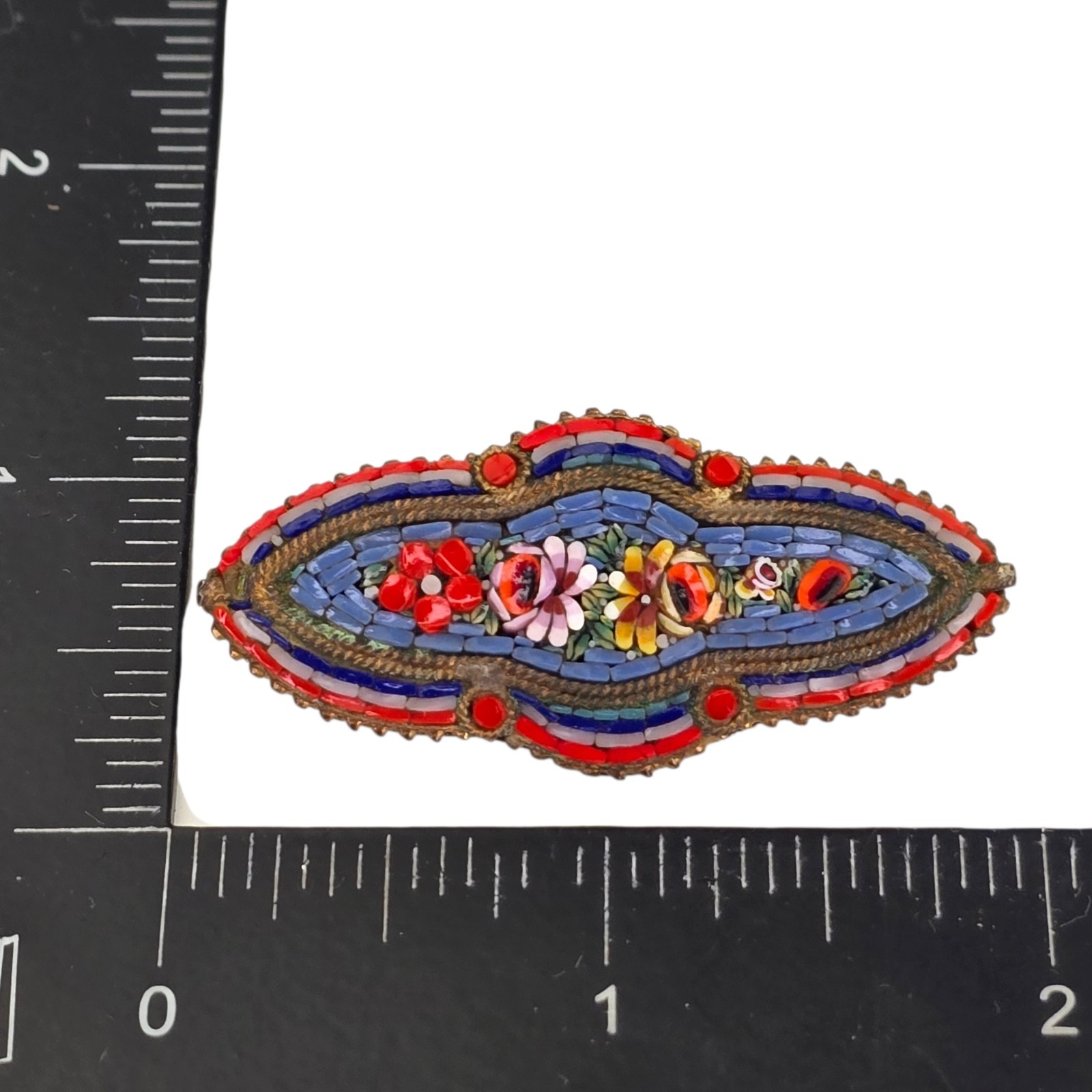 Antique Italian Victorian Floral Micromosaic Brooch Elongated Pin Unique Shape