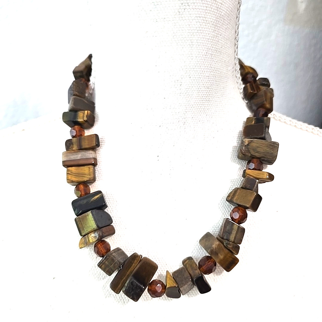 Vintage Chunky Heavy Tiger’s Eye Stone Beads Tea Glass Beads Necklace 20″L