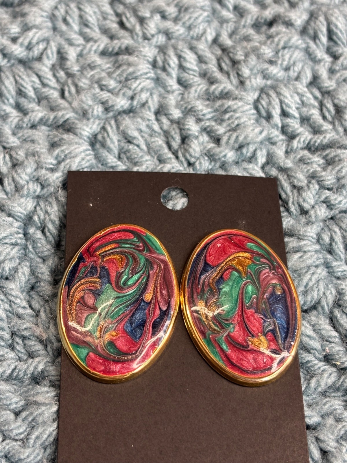 Oval Stud Earrings Multicolor Enamel Swirl Goldtone Vintage 80s Mod 1.5 inches