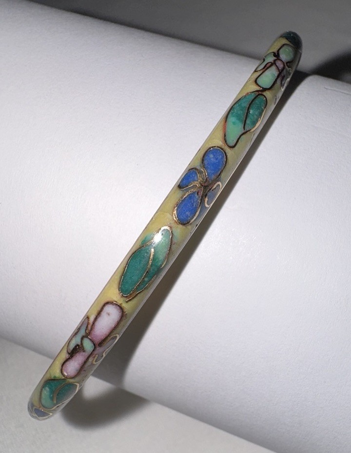 Vintage Cloisonne Floral Bangle Bracelet Enamel Gold Tone Yellow Green Pink Blue