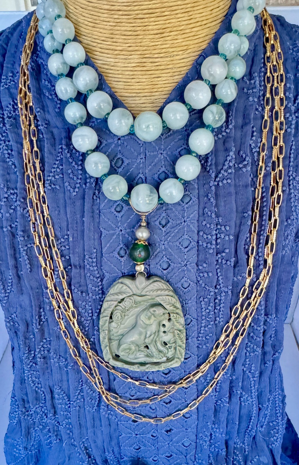 Vintage Jewelry, Hand carved mythical lion stone pendant necklace. Boho look,