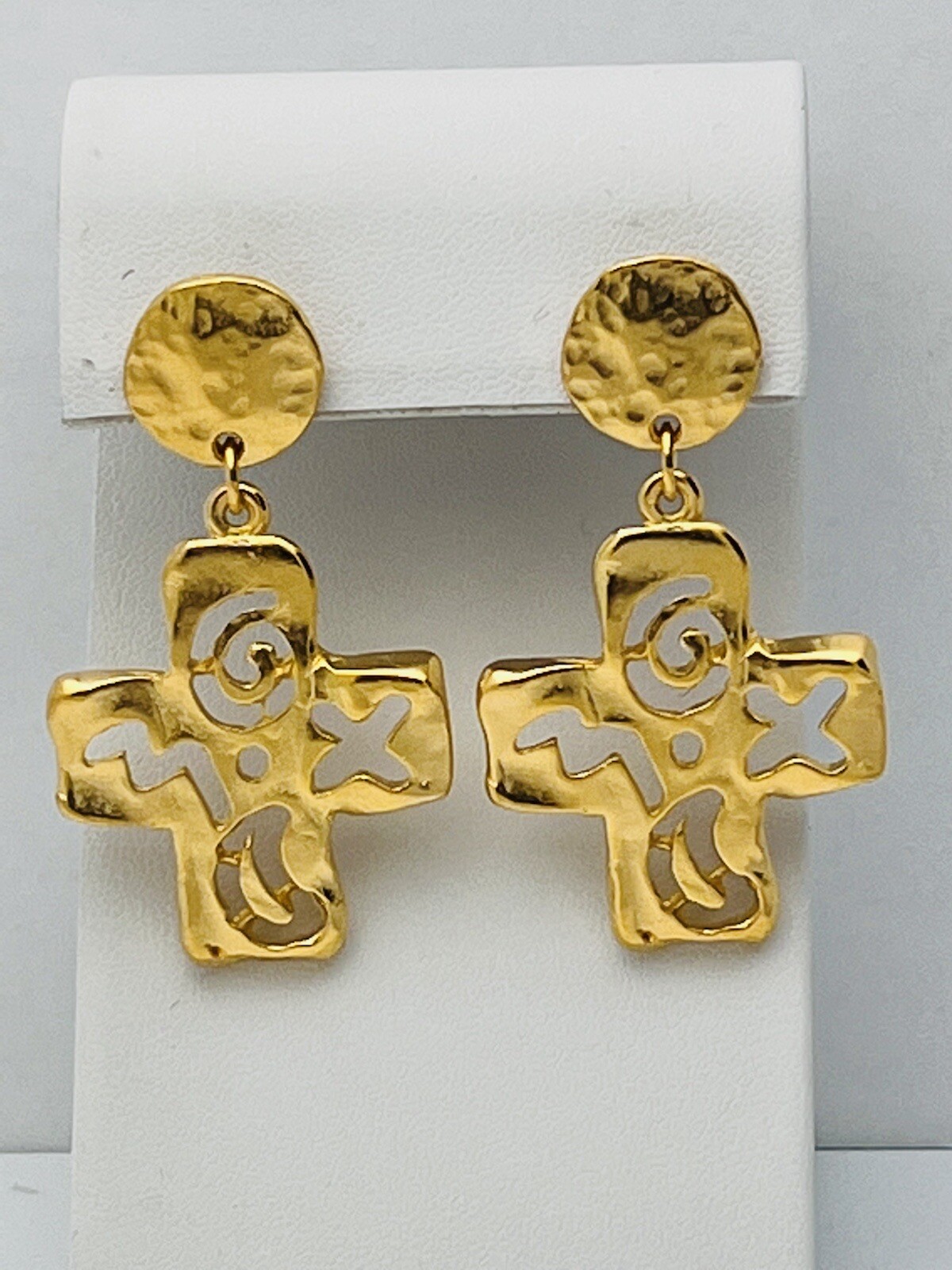 Vintage 1980-1990s Gold-Tone Pierced Cutout Cross Dangle Earrings New