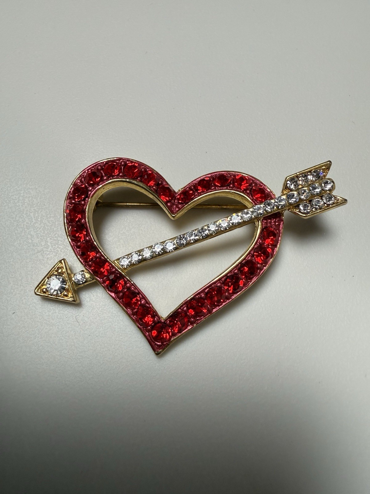 Sparkling Heart Brooch Ruby Red and White Arrow Gold Tone Jewelry