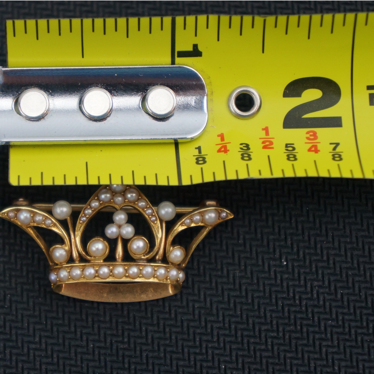 Antique Crown Brooch 14k Yellow Gold Seed Pearl Vintage Excellent 4g 1.125″