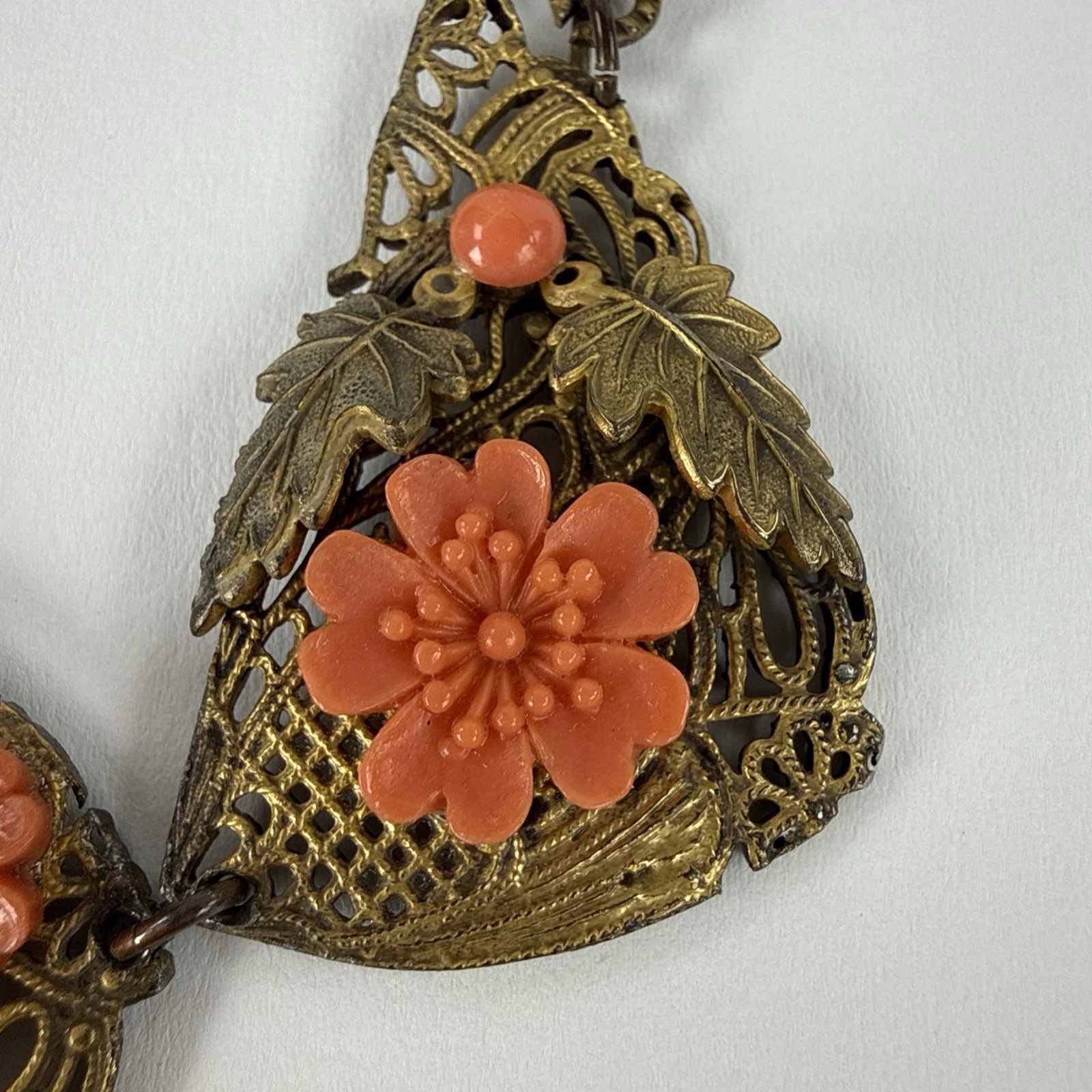 Coral Color Celluloid Flower Filigree Necklace Brooch Earring Set Art Deco Czech