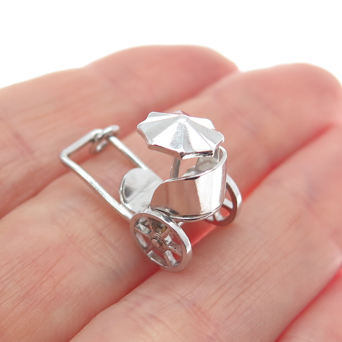 925 Sterling Silver Antique Art Deco Beach Cart Minimalist 3D Charm Pendant