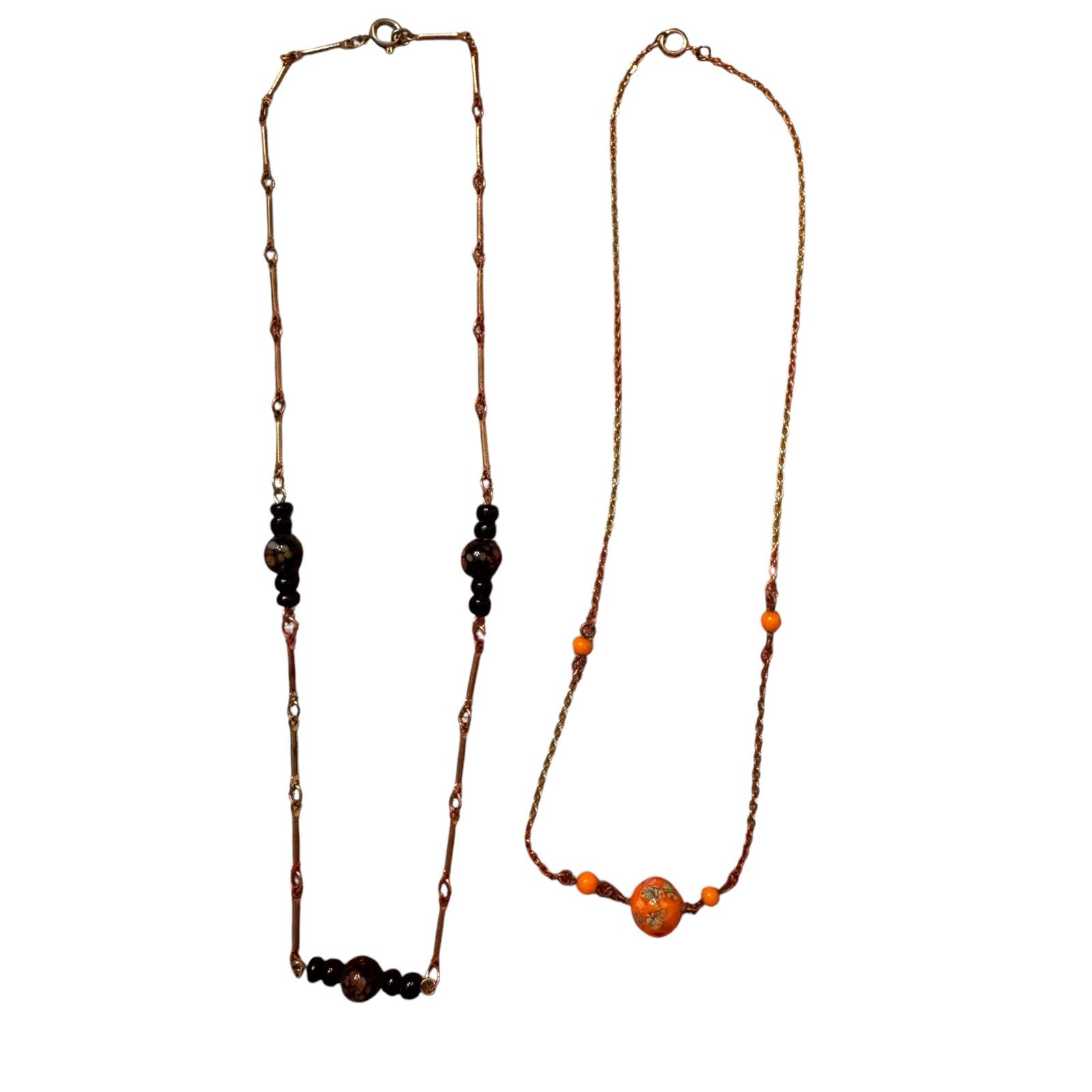 2 Vintage Floral Bead Chain Necklaces Black Orange Gold Tone Metal Dainty