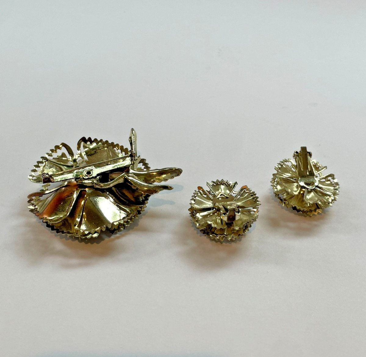 Vintage Gold Flower Brooch & Clip Earring Set | AB Rhinestone | 1950s