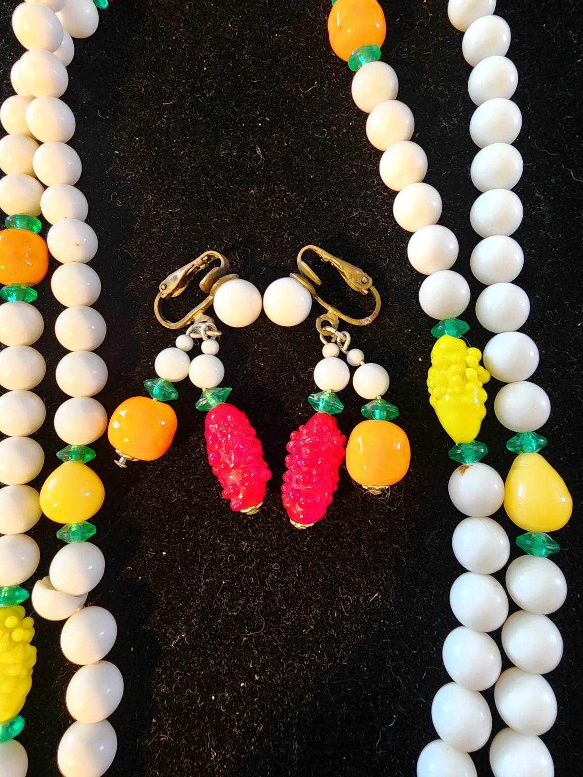 Fruit Salad Vintage Necklace & Earrings Tutti Fruity, 50/60s Mixed Material