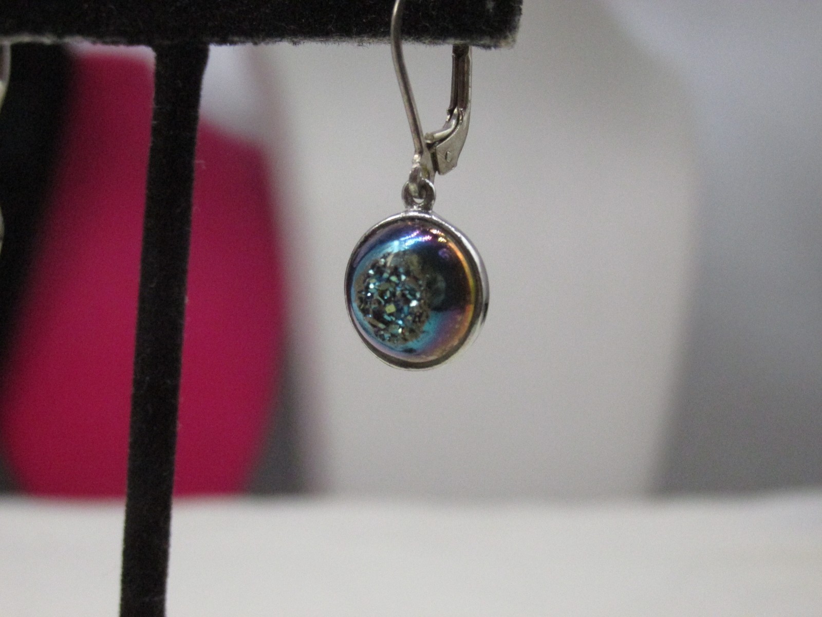 PJC India Sterling Silver Oil Spill Druzy Drop Style Pierced Earrings 1″ #439