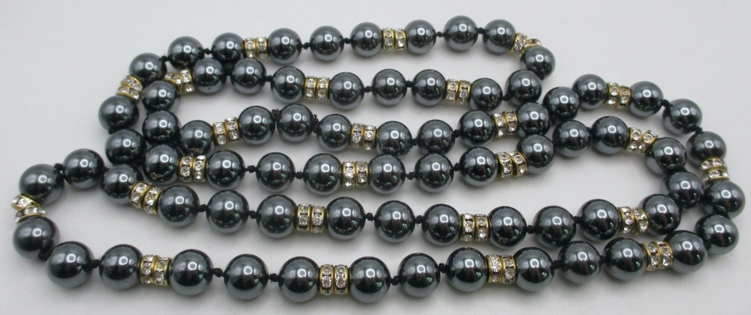 VTG Hematite Rhinestone Disk Beaded Hand Knotted Necklace 36″