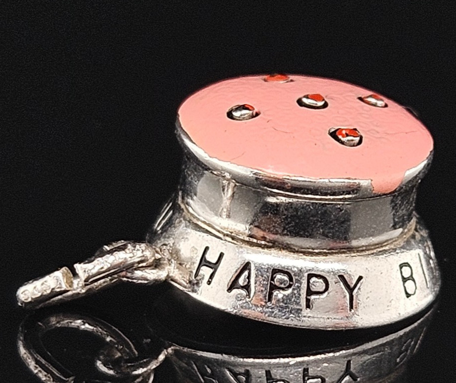 Sterling Silver WELLS HAPPY BIRTHDAY CAKE Candle Charm Pendant Mechanical Enamel