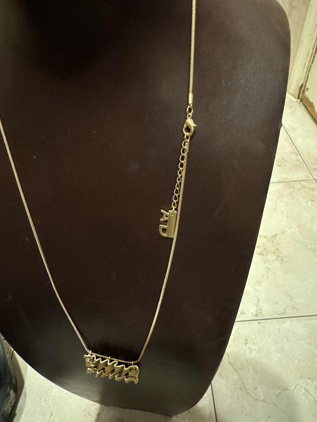 Modernist Abstract Pendant Brutalist Statement Necklace Crinkled Gold 28” Chain