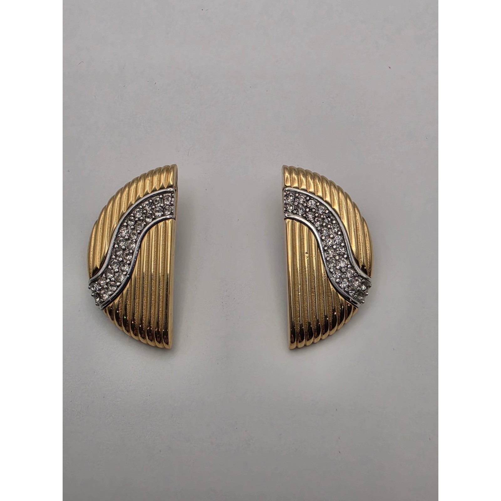 Givenchy Vintage Two Tone Gold Silver Rhinestone Ribbed Fan Clip On Earrings