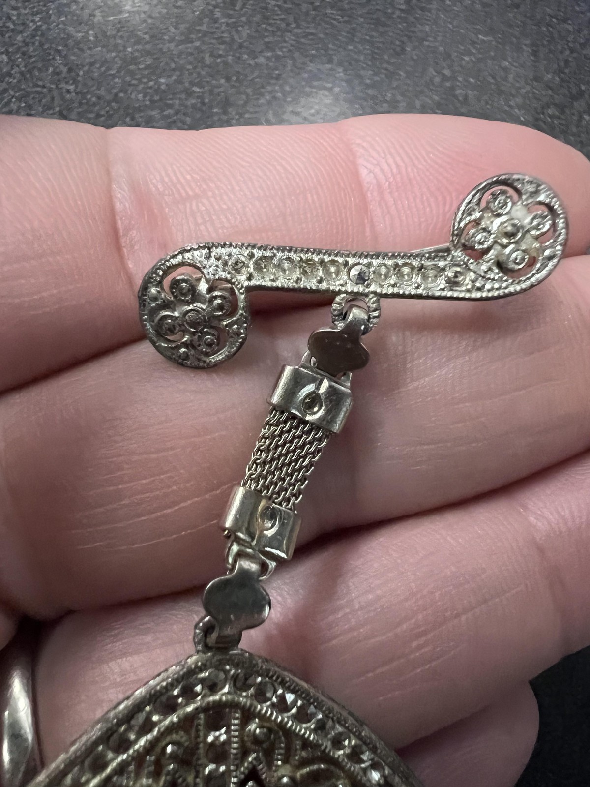 Vintage Rhinestone Brooch Silver Tone Filigree Dangle Pin Costume Jewelry
