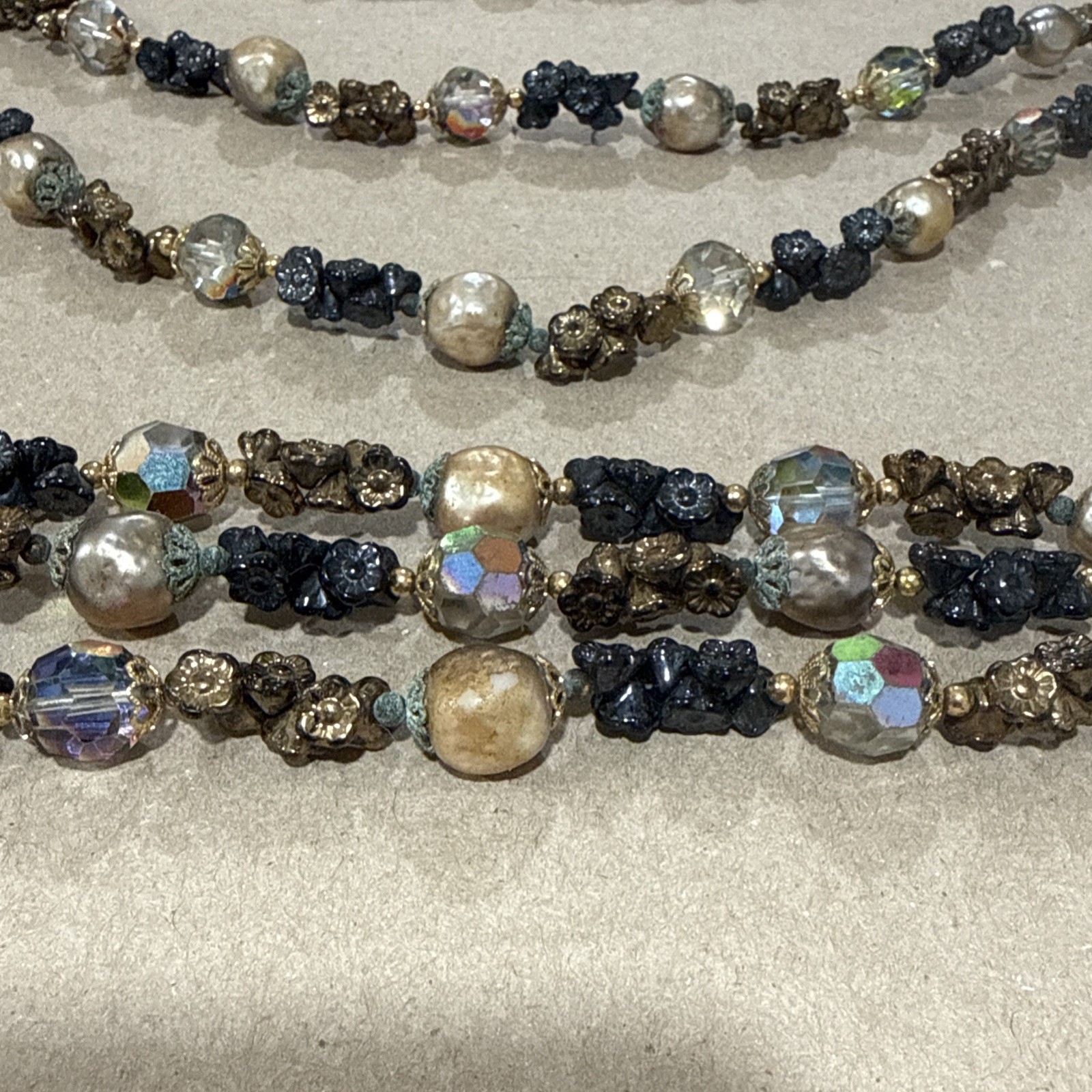 VTG Vendome 3 Strand Necklace & Bracelet Set Art Glass, Pearls, & Flower