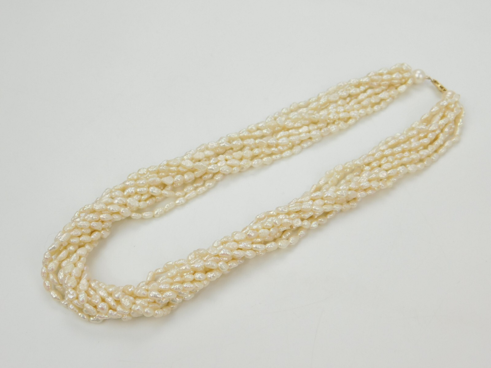 VTG 14k Gold JCM 14k Gold Multi 10 Strand Rice Pearl Necklace 17″ Long 61.6g