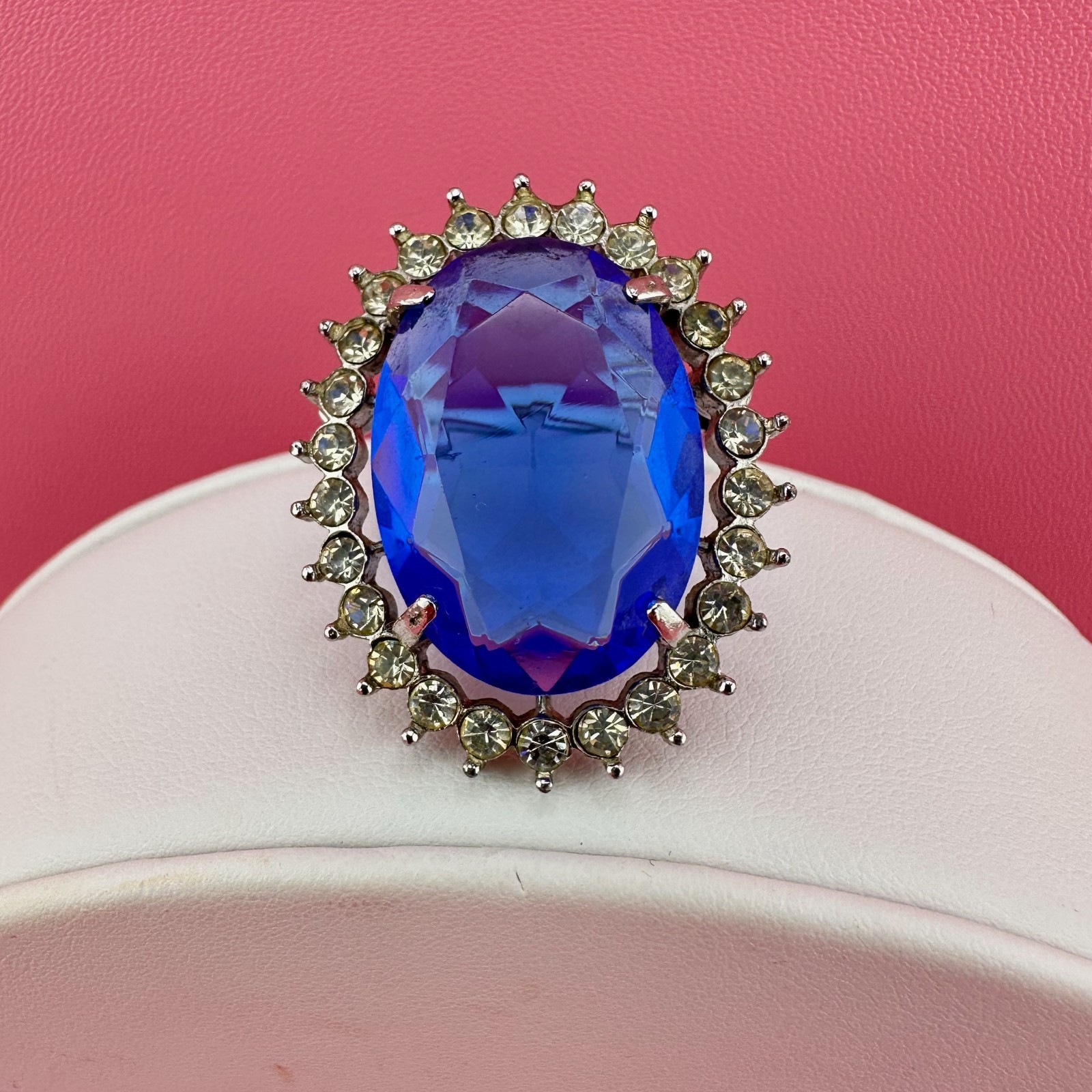 Vintage Crystal Brooch Pendant LG Blue Oval Faceted Stone Open Back Prong Set