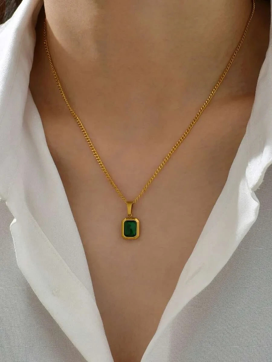 Vintage Green Rhinestone Necklace Gold Stainless Steel Women Gift