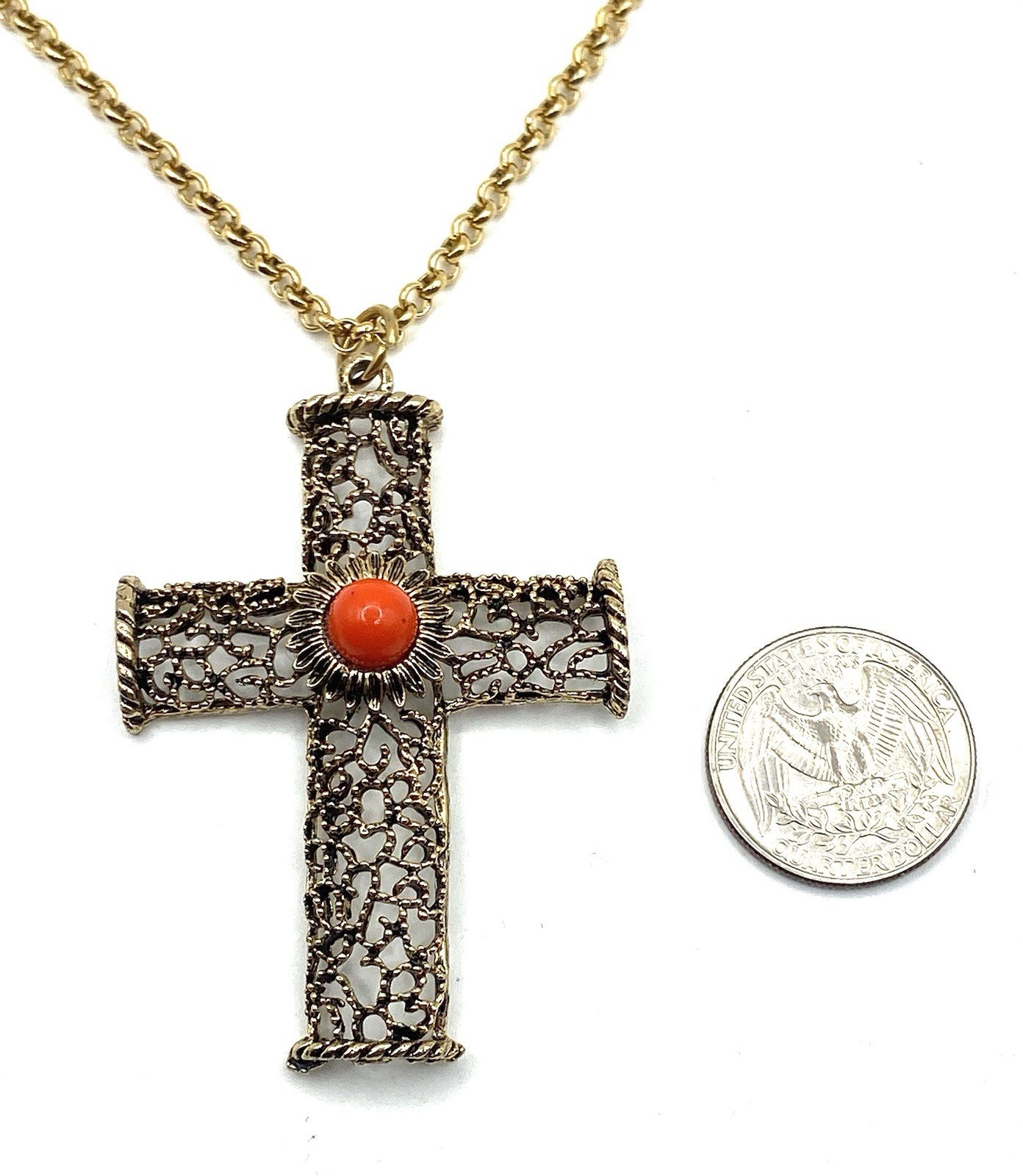 Vintage Estate 2 3/4” Cross Gold Tone Orange Stone with Chain 36”Long Necklace