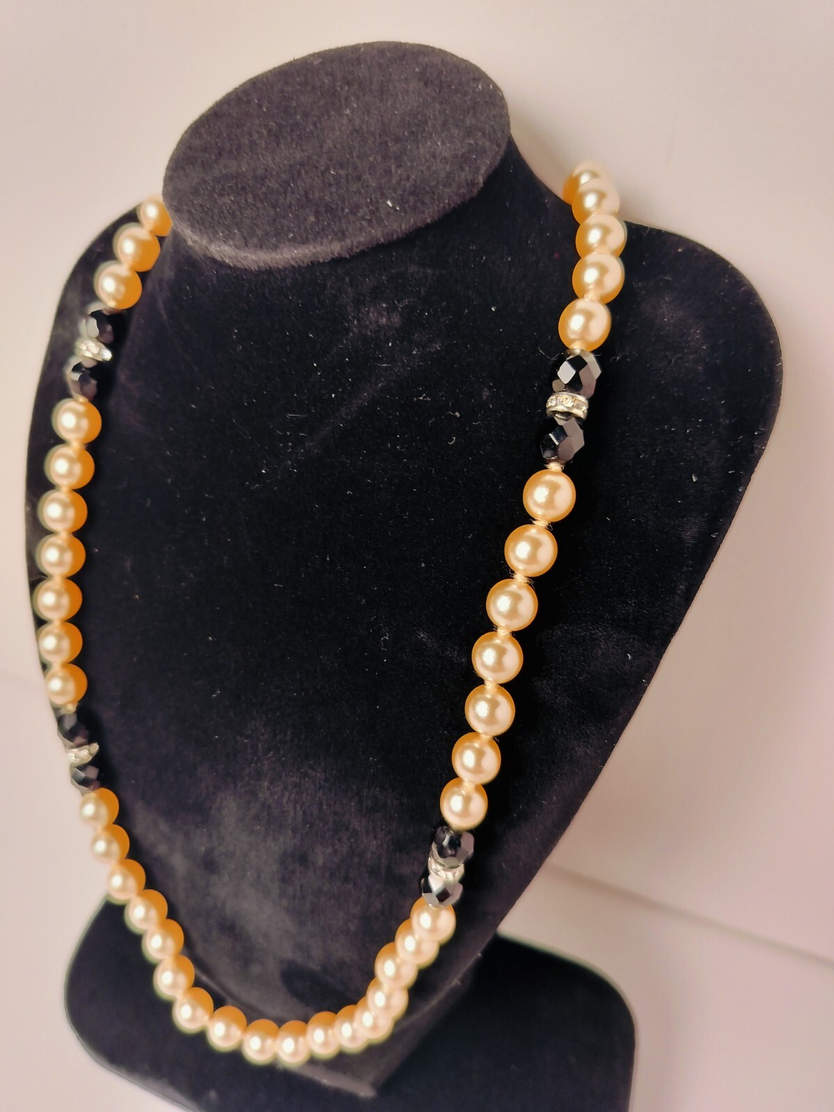 Vtg 90’s Faux Champagne Pearl Black Faceted Spinel Bead Rhinestones Necklace