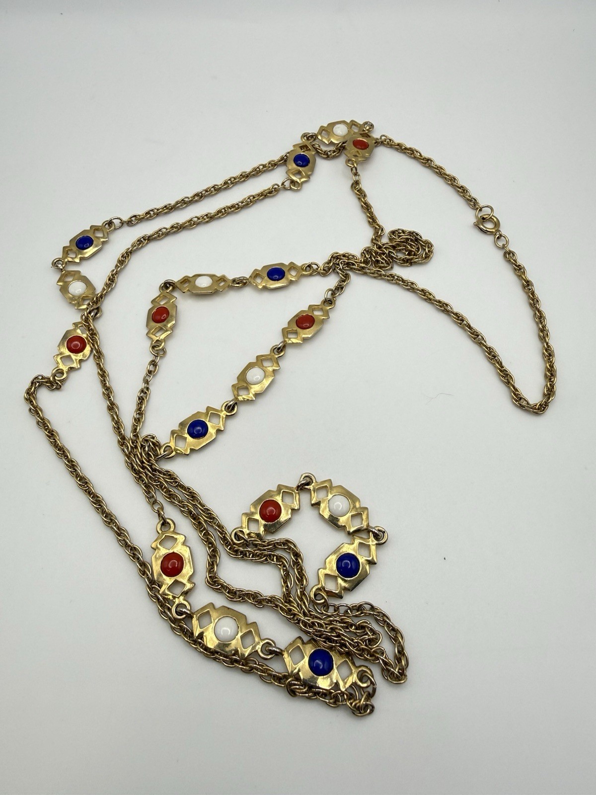 Vintage Red, White & Blue Gold Tone Station Necklace 56” Opera