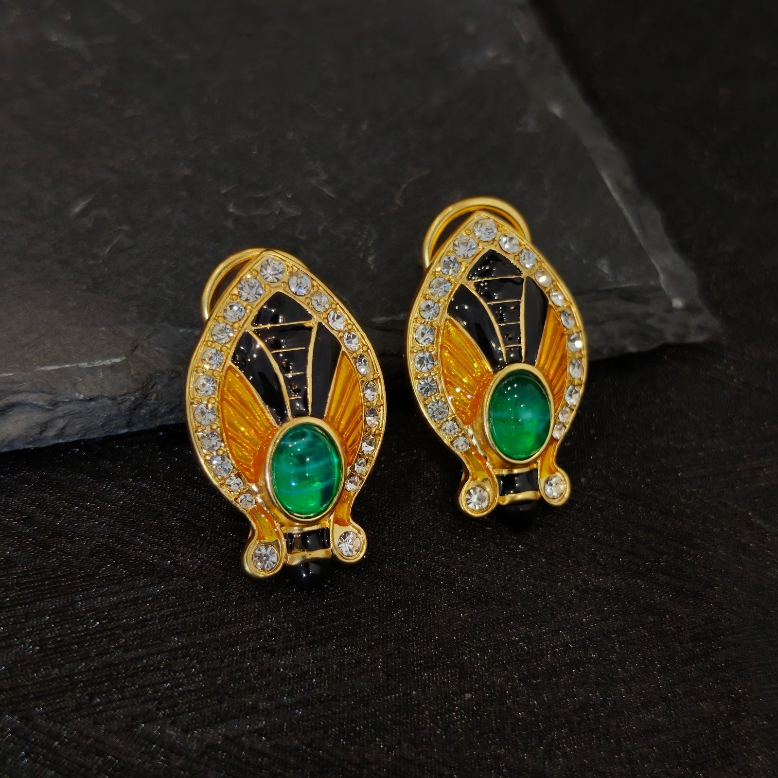 Vintage SAVAR.E Green Cabochon & Crystal Enamel Necklace & Earrings Set