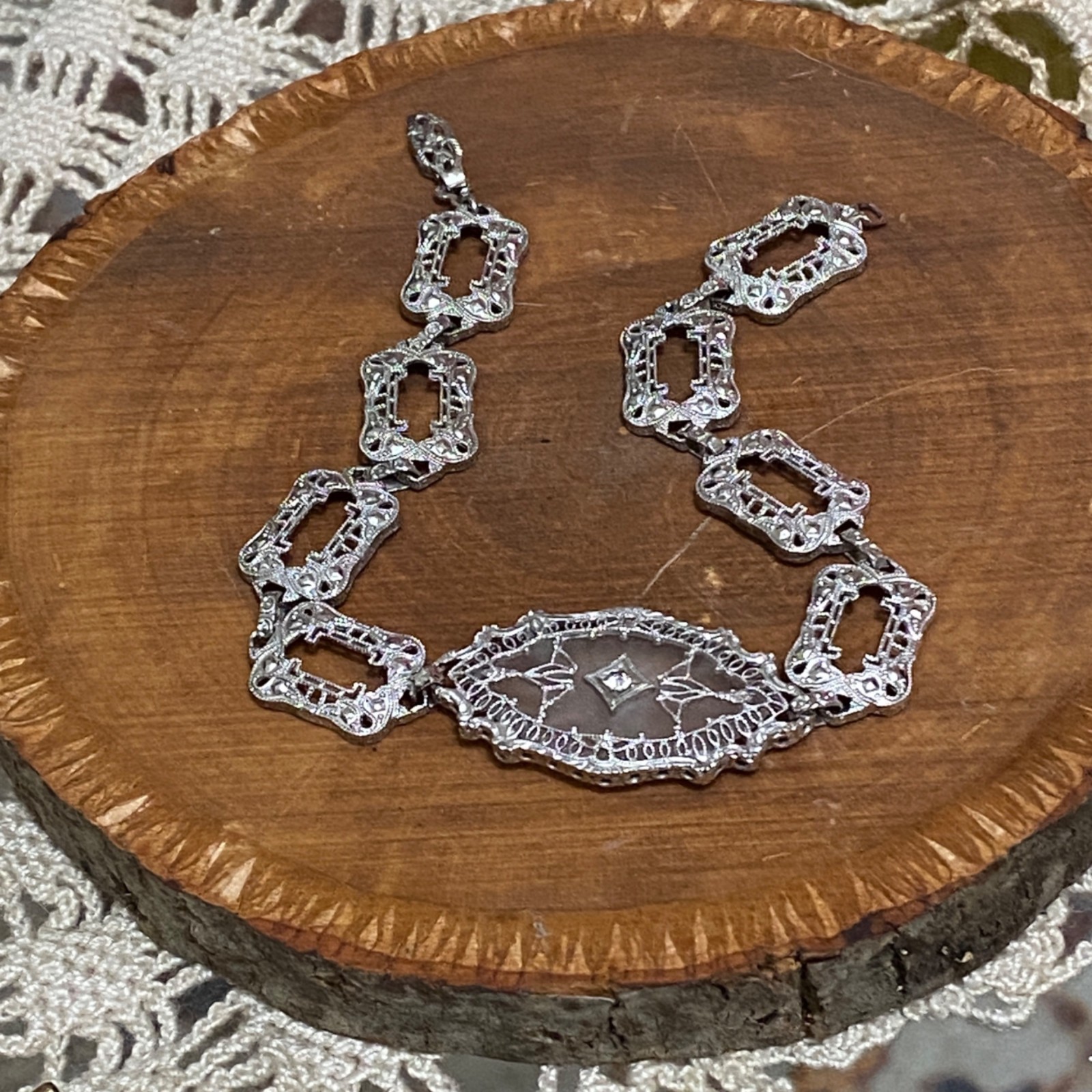10K White Gold Camphor Glass Diamond Art Deco Filigree Bracelet 7.5″