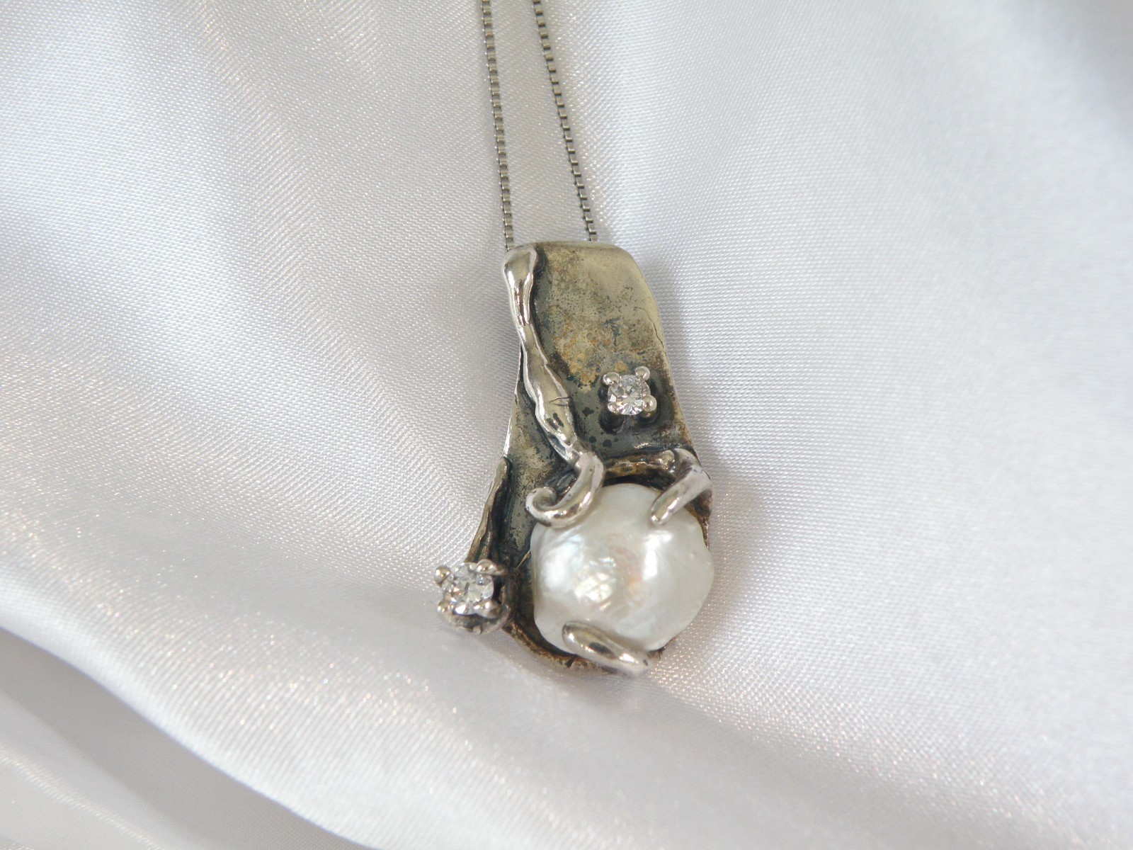 Brutalist Sterling Silver 925 Baroque Pearl Modernist Pendant Necklace
