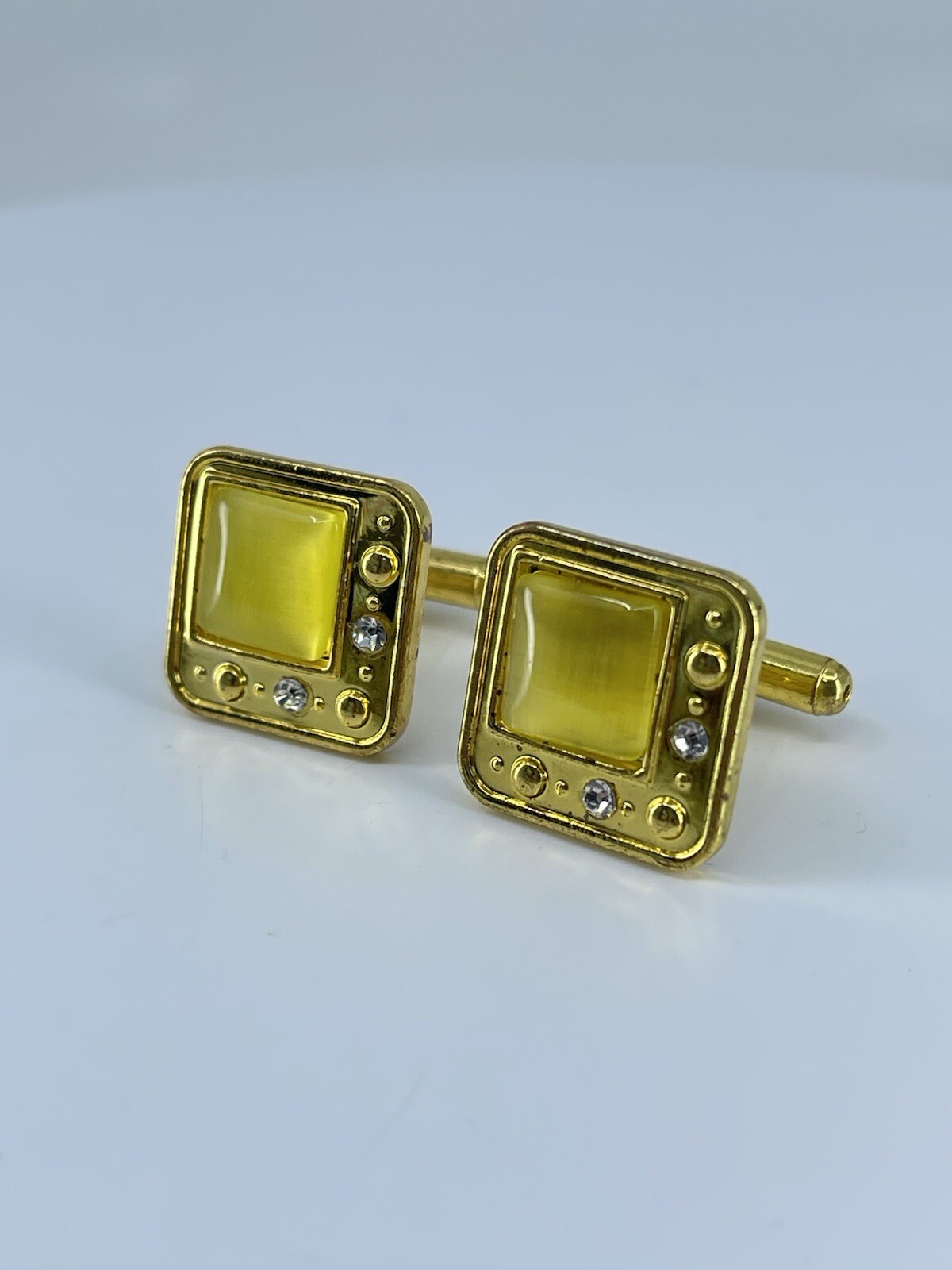 gold tone square yellow glass cufflinks white rhinestones accents bullet backs