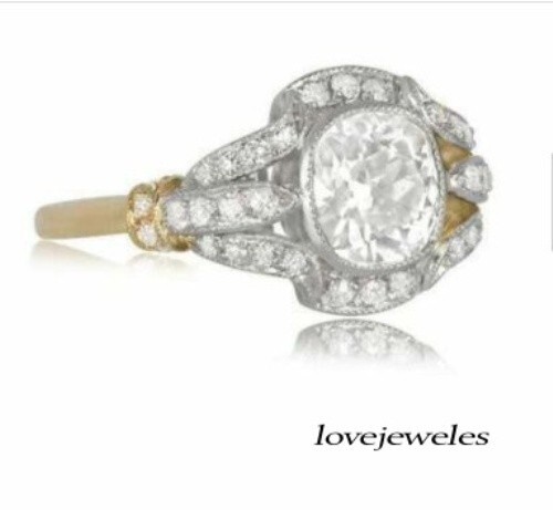 3.50CT Cushion Cut Lab-Created Diamond Vintage Art Deco Ring 14K 2-Tone Gold FN