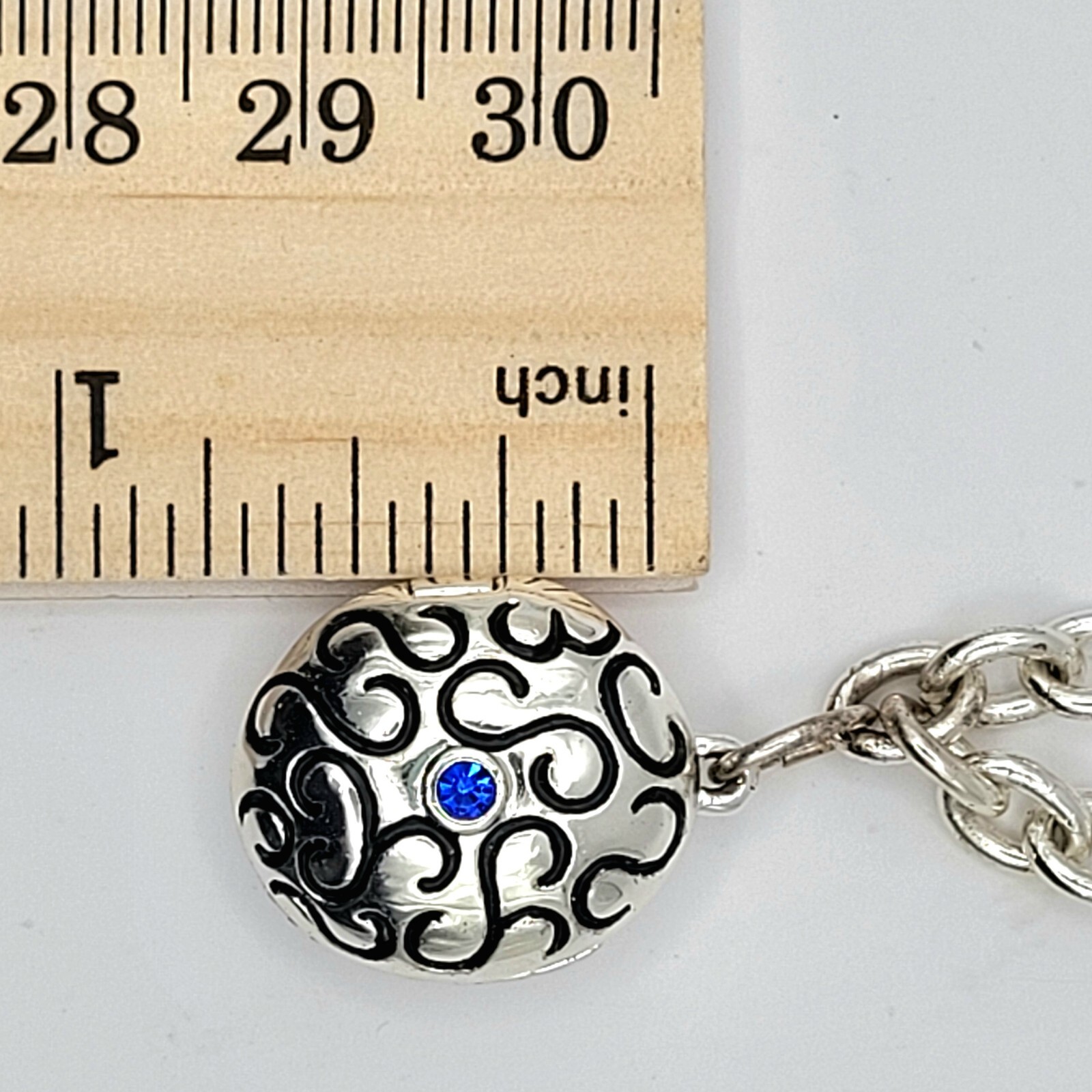 Vintage Silver Tone Chunky Chain Bracelet with Oval Enamel Locket & Blue Crystal